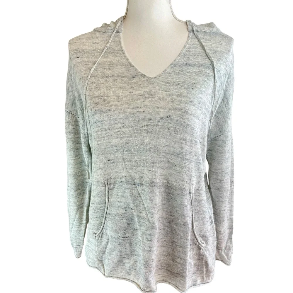 HAVEN WELL WITHIN Gray Linen Hoodie Hooded Sweater Sz M Beach Casual Sheer Light